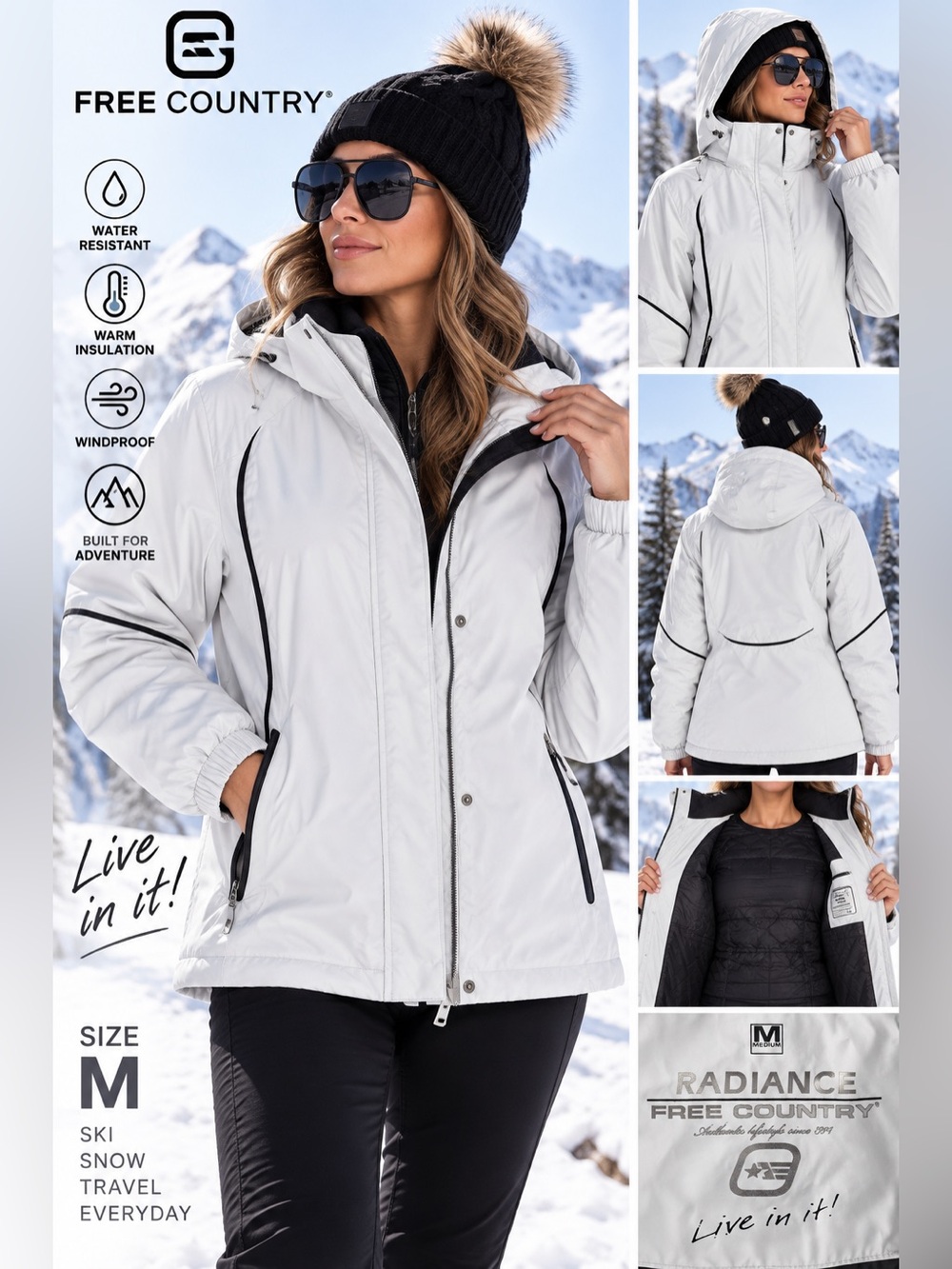 Free Country Women’s Radiance Ski Jacket in White with Black Trim Sz M/S